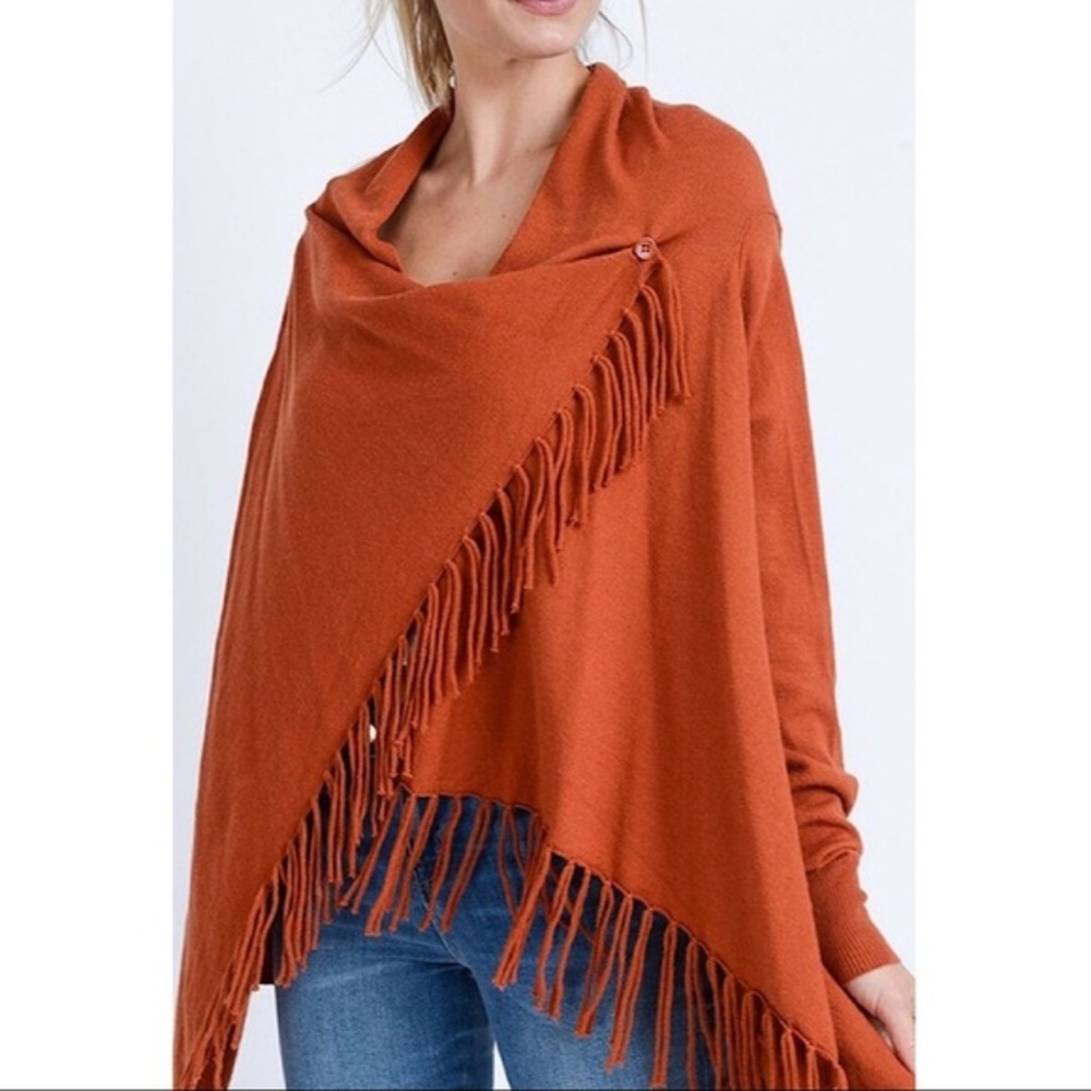 Womens Rust fringed wrap cardigan size S